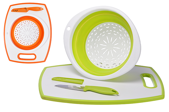 Schneidebrett mit Abtropfsieb und Messer