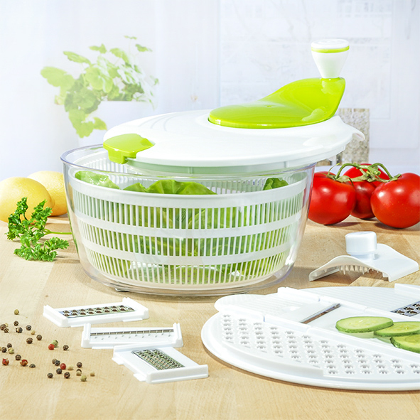 Salatschleuder mit Reibeaufsatz, Fingerschutz