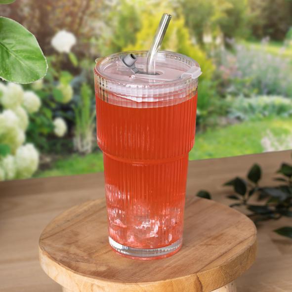 Trinkglas mit Rillen, mit Deckel, ca. 600ml