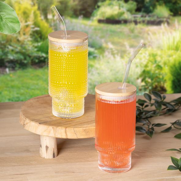 Trinkglas mit Rillen, mit Bambusdeckel, ca. 470ml