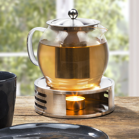 Teekanne aus Glas mit Filter + Stövchen