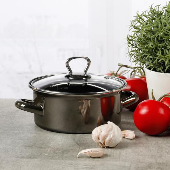 Emaille Bratentopf mit Glasdeckel, Ø 16 x 8cm