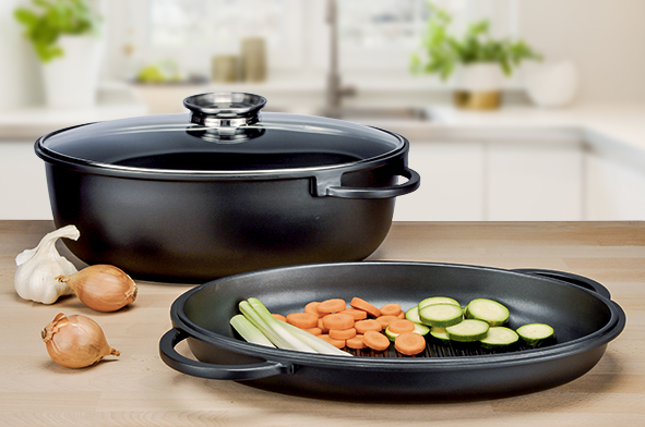 Aluguss-Bräter mit Grillpfanne & Glasdeckel