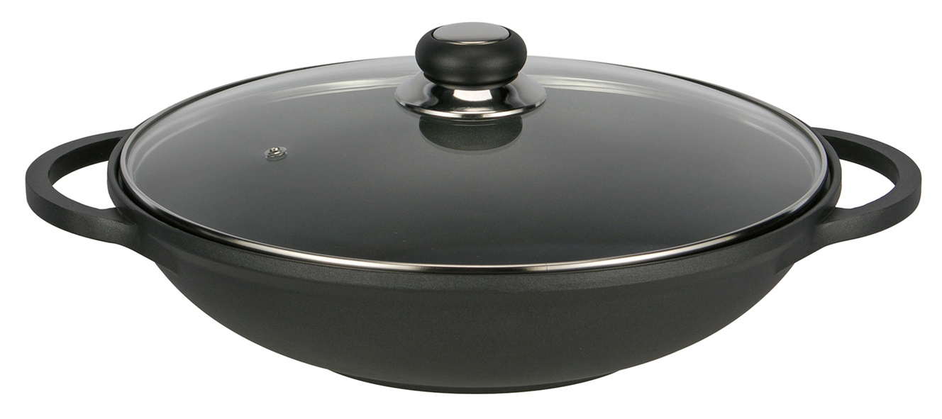 Wok aus Alu-Druckguss mit Glasdeckel
