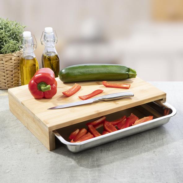 Schneidebrett aus Bambus mit Edelstahlschale