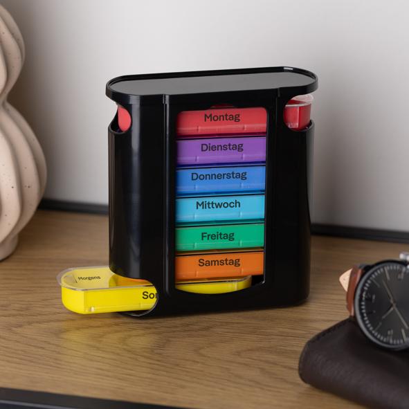 Tablettenbox für 7 Tage, schwarz, bunte Dosen