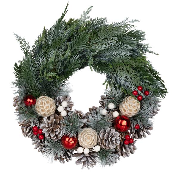 Dekokranz mit Zapfenfrost und roten Kugeln