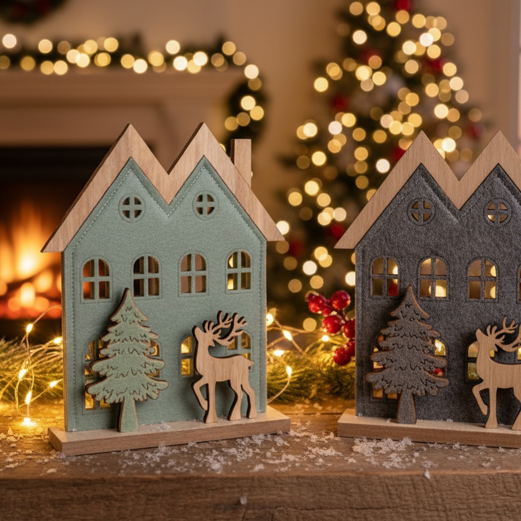 Weihnachtsdeko, Haus "Baum Hirsch grau / mint"