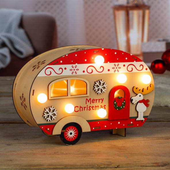 Wohnwagen aus Holz mit Weihnachtsmotiv