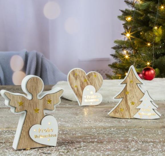 3er Set Holzdeko mit LED