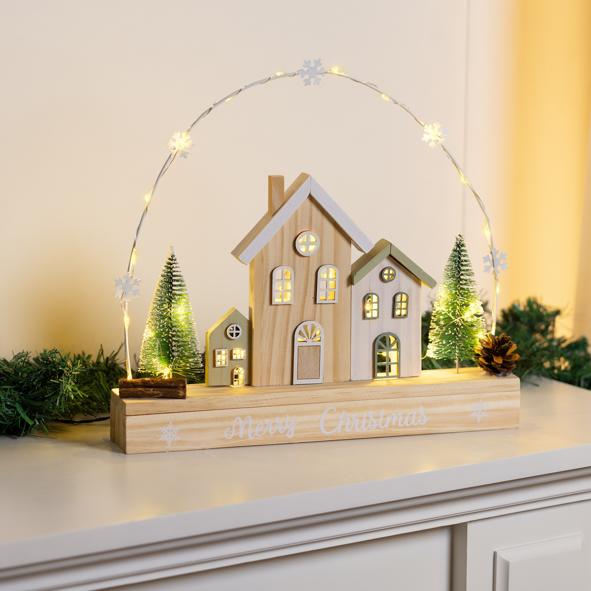 LED Weihnachtsstadt auf Holzsockel