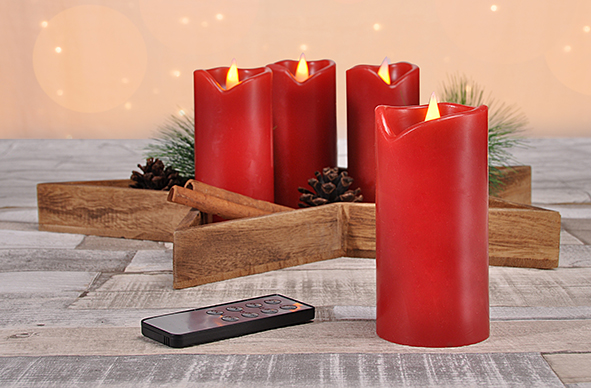 4 LED Kerzen auf Holzstern, Farbe rot
