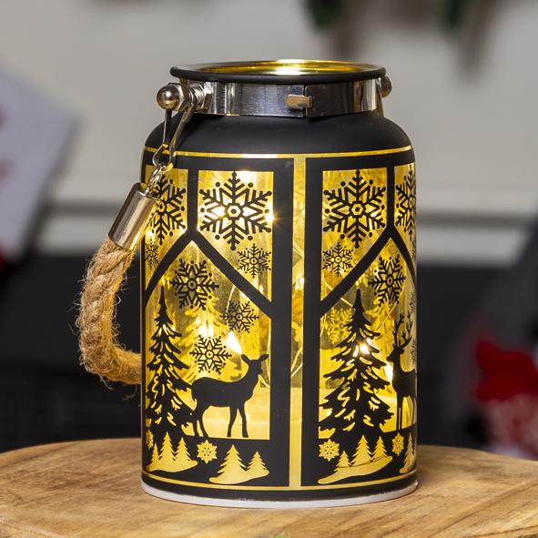 LED Windlicht aus Glas mit Weihnachtsmotiven