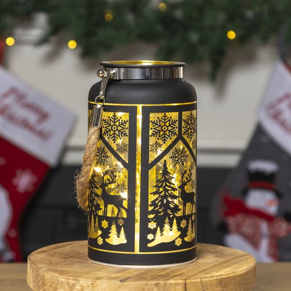 Windlicht aus Glas mit Weihnachtsmotiven