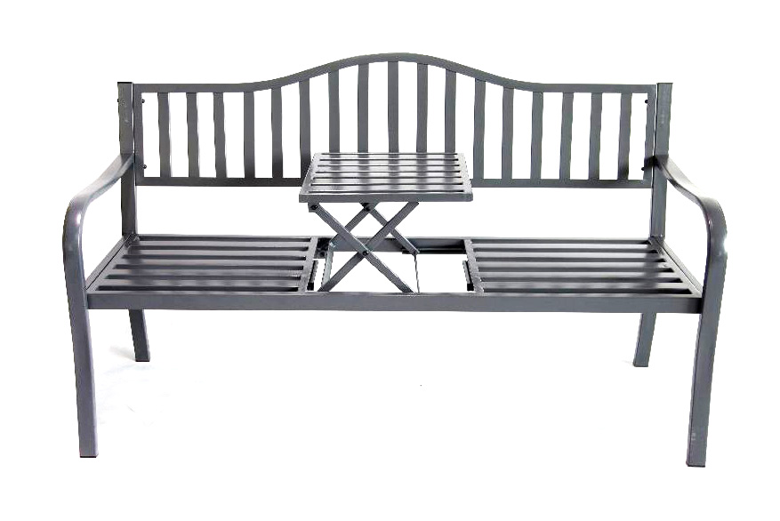 Gartenbank 2in1, aus Metall – mit integriertem Klapptisch, 150 x 60 x 90 cm