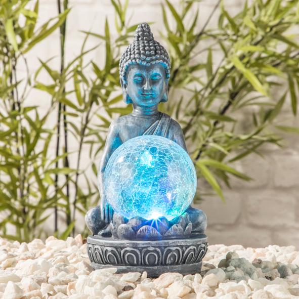 LED Solar Buddha mit Crackle Glaskugel