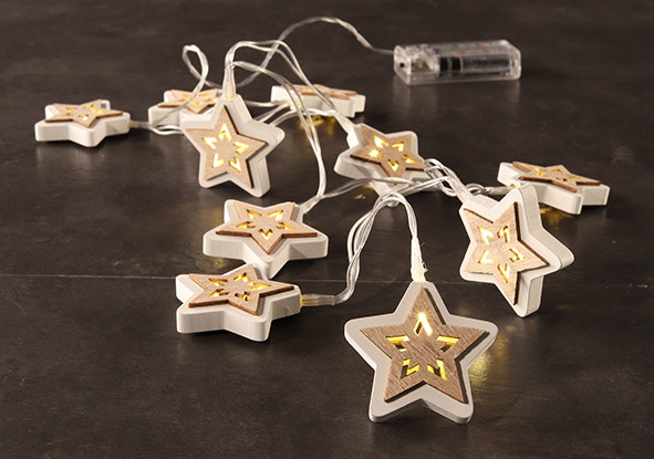 LED Batterie-Lichterkette mit Holzsternen