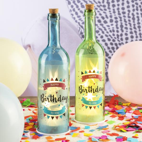 LED Glasflasche "Happy Birthday" 8 x 8 x 29 cm