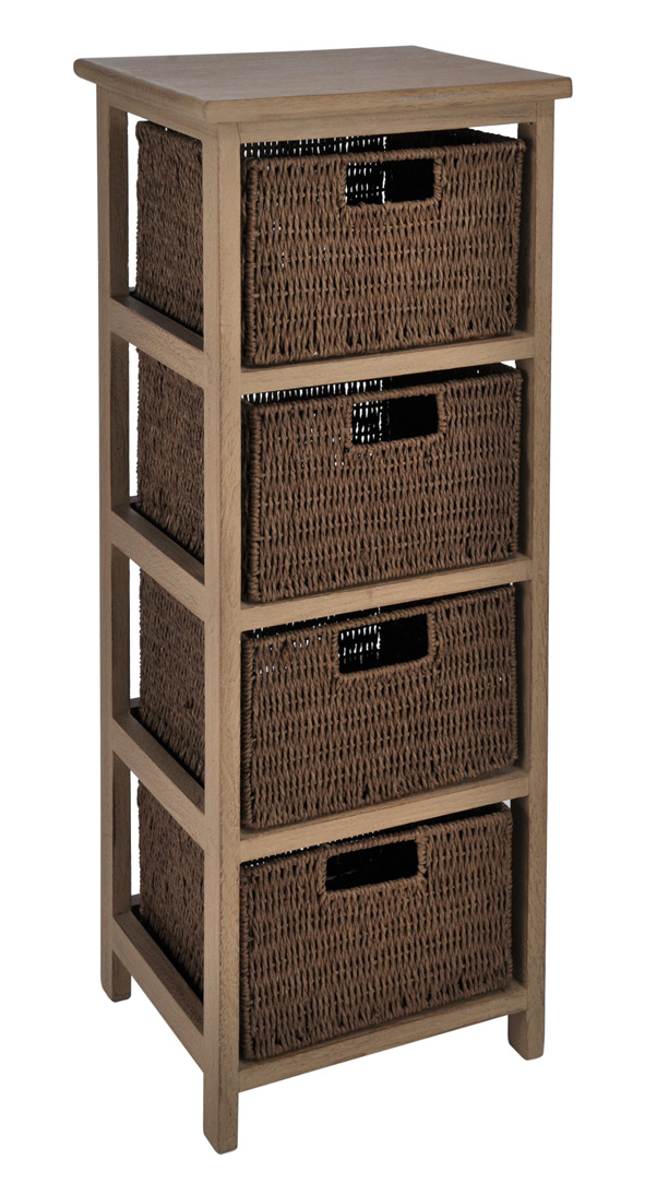 Holzregal, braun, mit 4 Flechtkörben