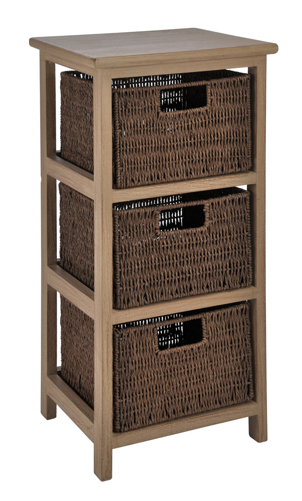 Holzregal, braun, mit 3 Flechtkörben