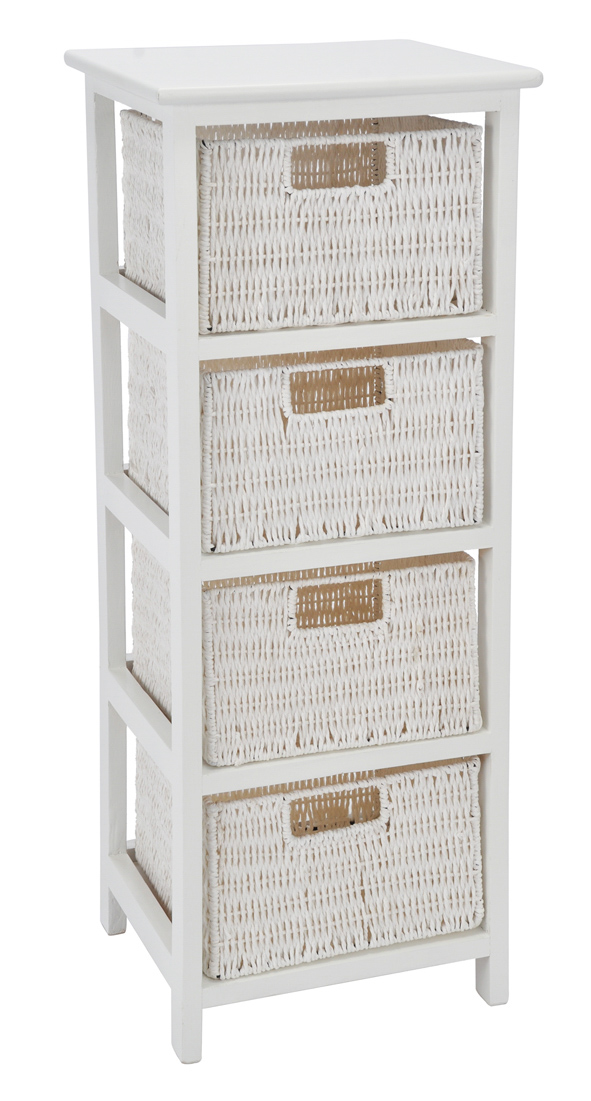 Holzregal, weiss, mit 4 Flechtkörben