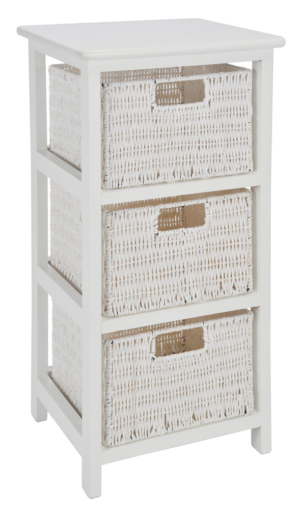 Holzregal, weiss, mit 3 Flechtkörben