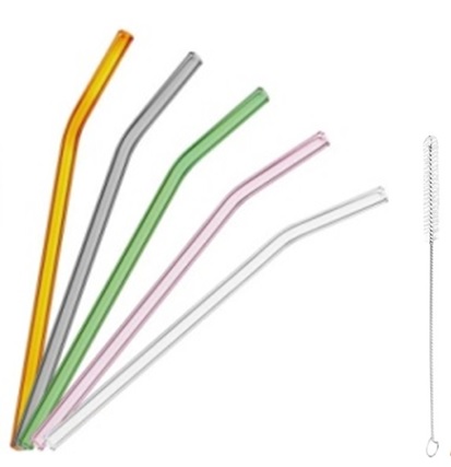 6 gebogene Glas Trinkhalme + 1 Bürste