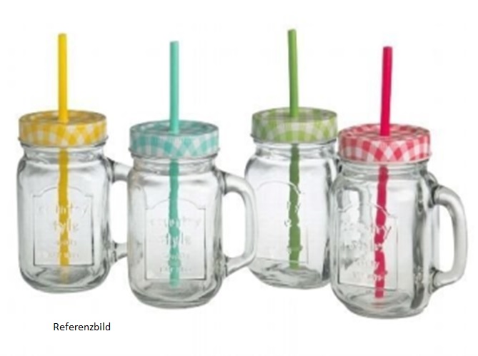 Trinkglas mit Deckel und Trinkhalm