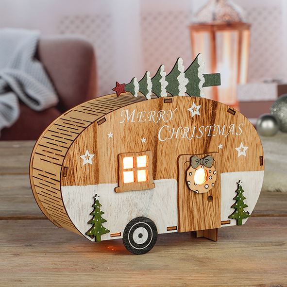 Wohnwagen aus Holz mit Weihnachtsmotiv