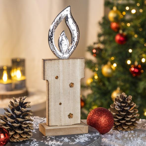 Holzsäule mit Metallflammen Optik