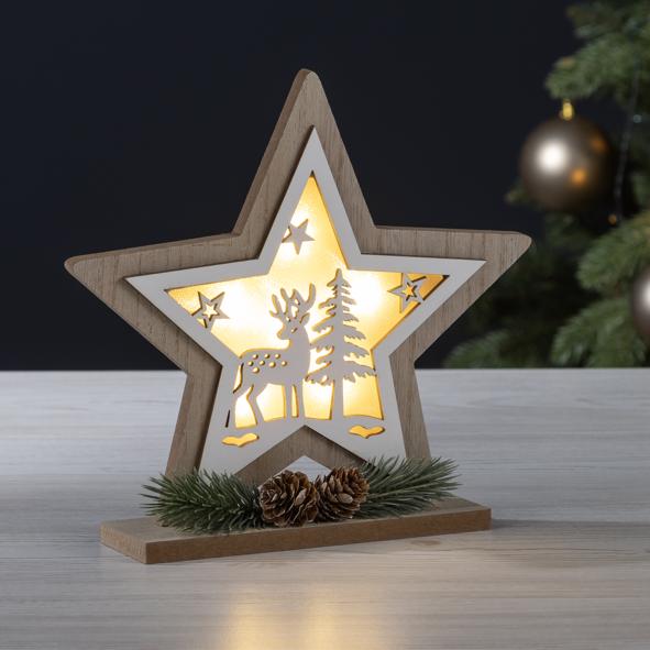 LED Holzdekoration Stern mit Rentier Silhouette