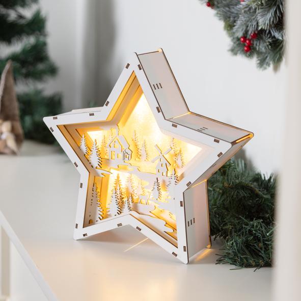 Holzstern mit 10 warmweißen LEDs