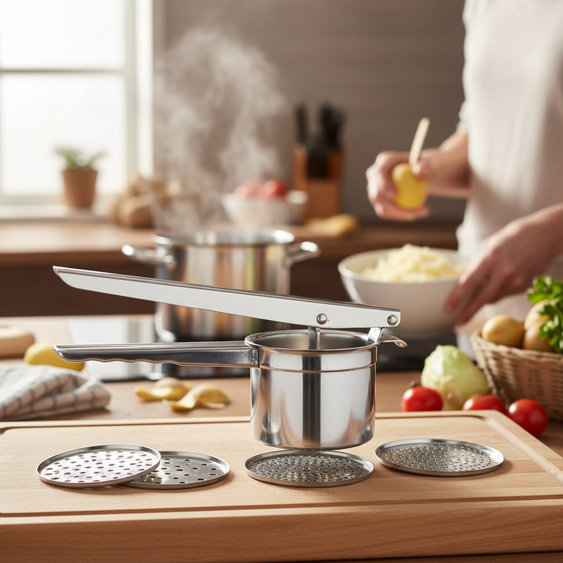 Kartoffel- und Spätzlepresse, Ø10cm, drei Einsätze