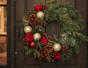 Dekokranz mit Zapfen und goldenen Kugeln