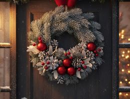 Dekokranz mit Zapfen und roten Kugeln