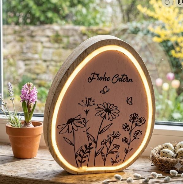 Deko Holz Ei mit LED – ca. 13 x 2,5 x 17 cm 